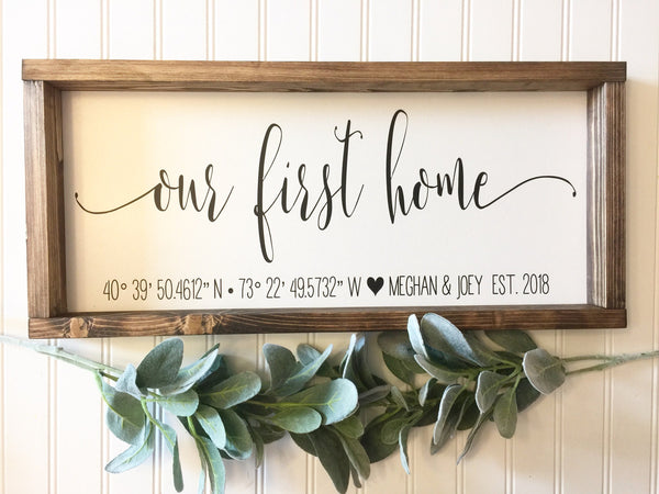 Our First Home Sign Coordinates, Names & Est Date New Home buyer Gift, Real Estate Agent Sign Housewarming Mantle Decor