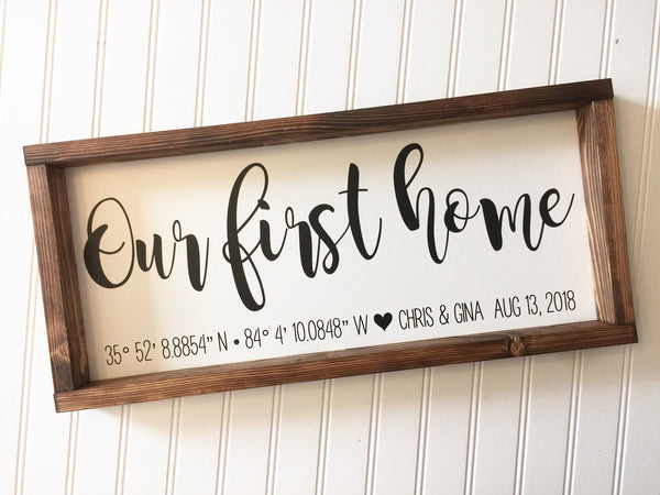 Our First Home Sigh with Coordinates, Names & Est Date, Homebuyer Gift, Realtor Closing Gift, Housewarming Gift ideas