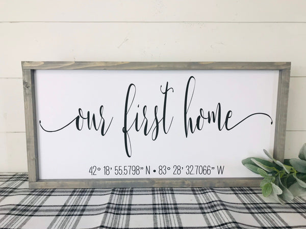 Our First Home Sign Coordinates, Names & Est Date New Home buyer Gift, Real Estate Agent Sign Housewarming Mantle Decor