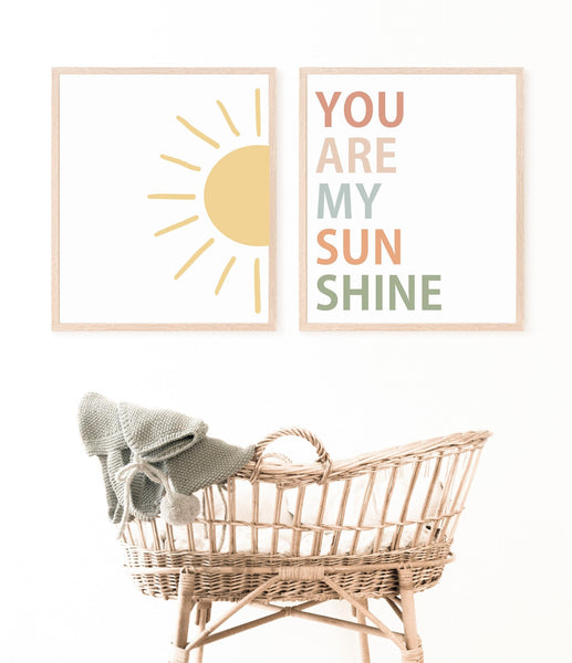 You are my sunshine Sign Set, Boho nursery wall decor, boho sun print, wall decor for above crib, nursery wall art, Colorful Nursery Print