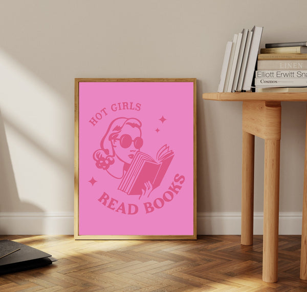 Hot Girls Read Books Retro Wall Art, 70s Character Print, Trendy Art, Preppy Art, Vintage Poster, Pink Wall Decor, Reading Sign