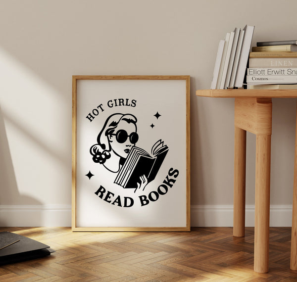 Hot Girls Read Books Retro Wall Art, 70s Character Print, Trendy Art, Preppy Art, Vintage Poster, Pink Wall Decor, Reading Sign