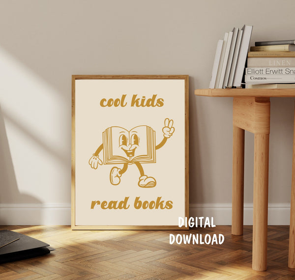 Cool Kids Read Books DIGITAL DOWNLOAD, Retro Playroom Wall Art, Reading Character Print, Trendy Art, Book Lover Gift, Library Classroom Home