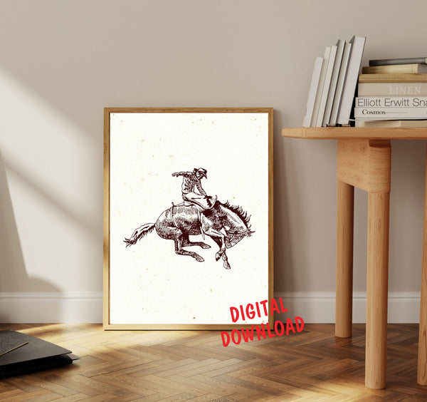 DIGITAL DOWNLOAD Vintage Cowboy Wall Art, Bucking Bronco Print, Western Art, Eclectic, Vintage Poster, Boho Southwestern Aesthetic, Rodeo