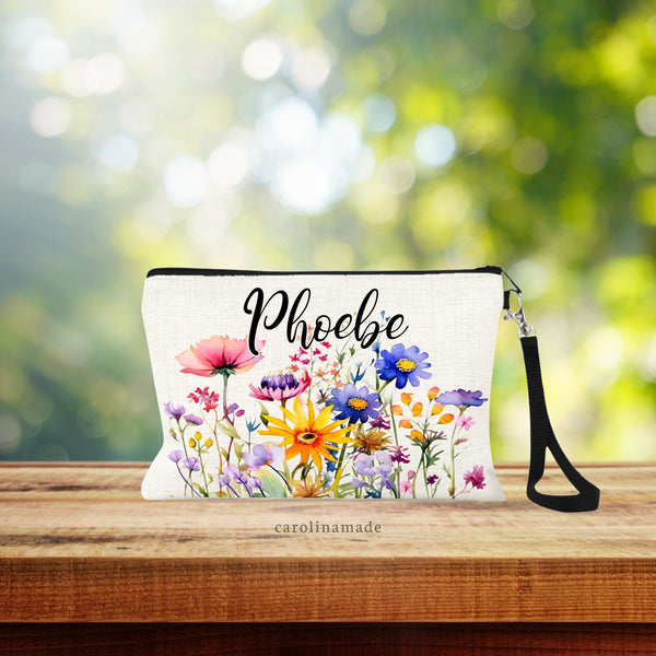 wildflower make up bag personalized with name. Zipper Pouch linen wristlet