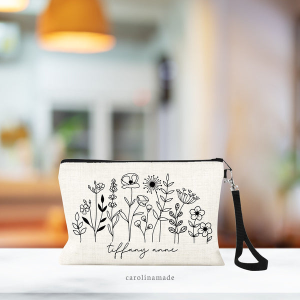 Personalized Wildflower Cosmetic Bag, Wildflower Makeup Bag, Wildflower Makeup Organizer, Toiletry Bag, Zipper Pouch, Floral Bag, Floral Bag