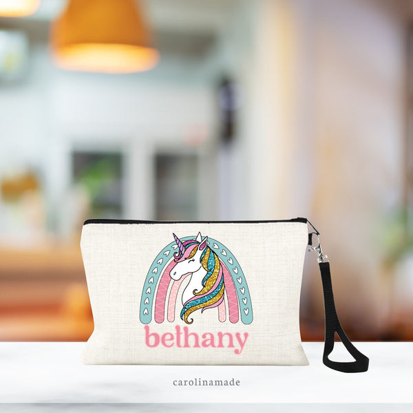 Unicorn Personalized Bag, Rainbow Unicorn Cosmetic Bag, Personalized Linen Wristlet, Gift for Girls, Art Supplies Gift, Girls Travel Bag