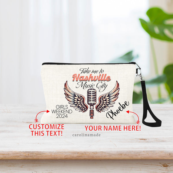 Personalized Girls Trip Bag, Nashville Tn Vacation, Nashville Girls Trip, Girls Weekend, Travel Makeup Bag, Zippered Money Wristlet