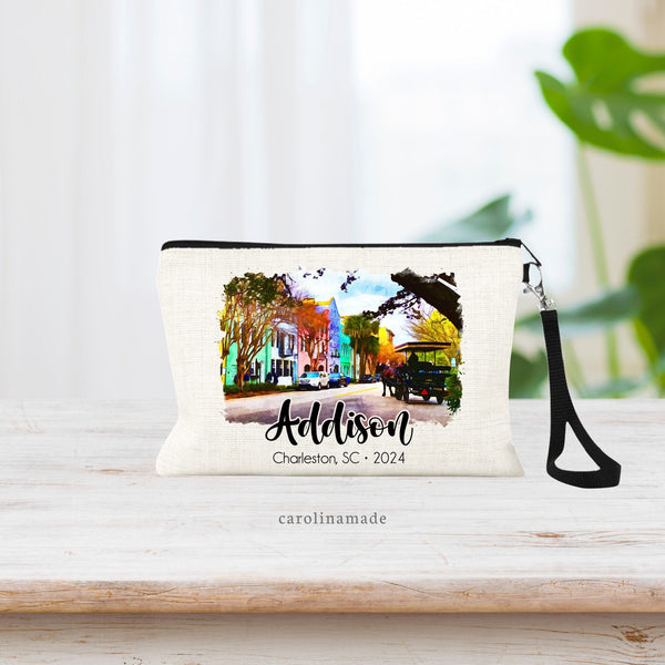 Personalized Charleston SC Bag, Charleston Girls Trip, Charleston Vacation, Girls Weekend, Travel Makeup Bag, Zippered Money Wristlet
