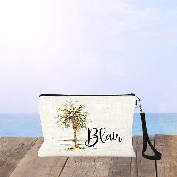 Personalized Vintage Palm Tree Wristlet, Girls Beach Trip Travel Makeup Bag, Cosmetic Bag, Zippered Money Wristlet, Sunscreen Pouch