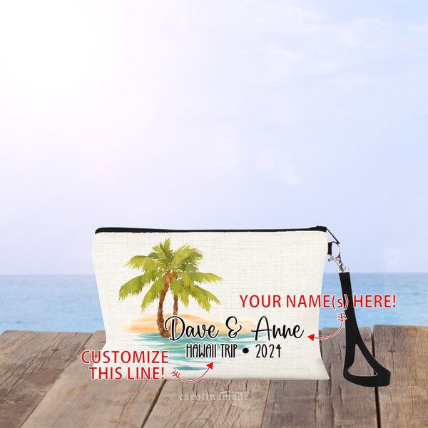 Personalized Beach Accessory Pouch, Girls Beach Trip Travel Makeup Bag, Honeymoon Cosmetic Bag, Zippered Money Wristlet, Sunscreen Bag
