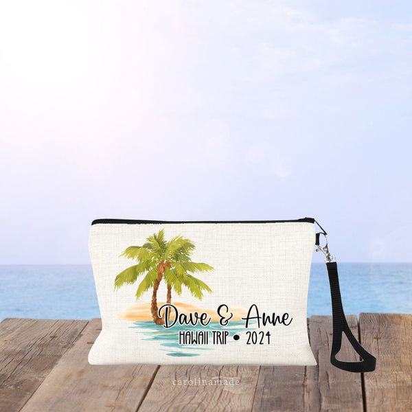 Personalized Beach Accessory Pouch, Girls Beach Trip Travel Makeup Bag, Honeymoon Cosmetic Bag, Zippered Money Wristlet, Sunscreen Bag