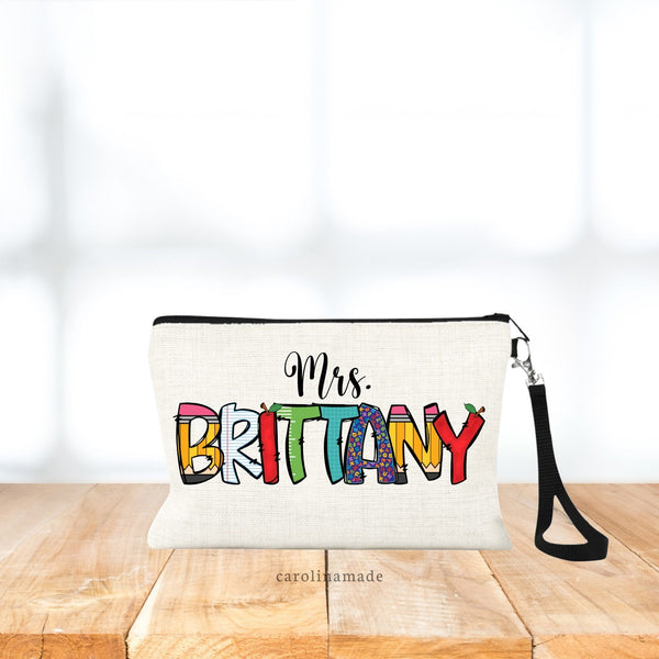 Personalized Teacher Name Zipper Pouch, Teacher Cosmetic Bag, Teacher Appreciation Week Gift, Teaching Gifts,  End of School Gift