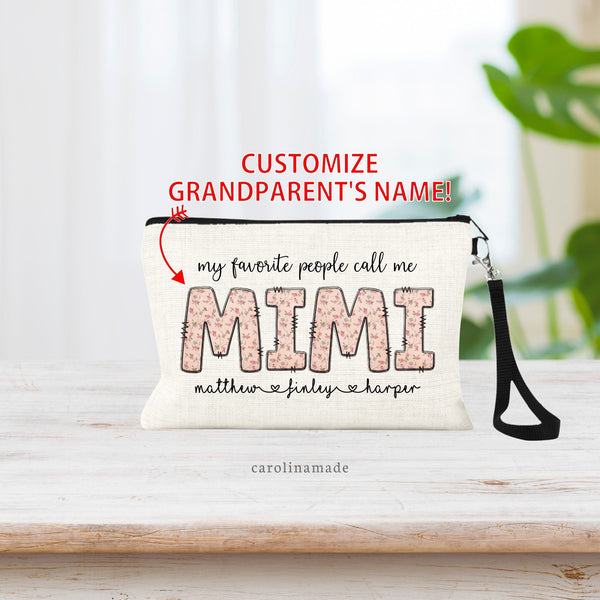 My favorite people call m e grandma gift. Grandma's name is in pink retro floral font. Personalize the name for what your kids call Grandma.  Gammie, Granny, Grandma, Mimi, Gigi, Nana and more! Add the grandchildren's names to the bottom.