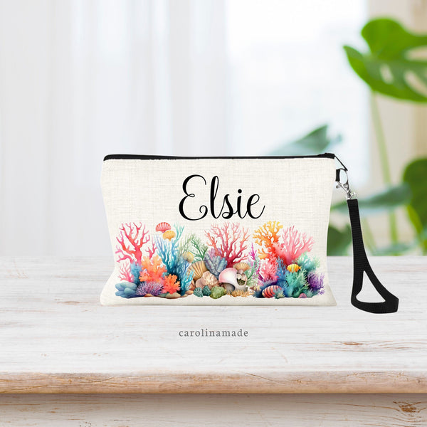 Beautiful watercolor bright coral bag with sea shells and sea plants. Personalized with name at the top.