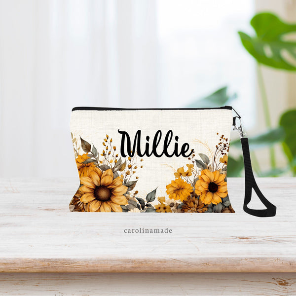 Personalized Sunflower Wristlet Purse, Flower Makeup Bag, Custom Name Yellow Flower Cosmetic Bag, Zipper Pouch, Sunflower Wedding Gift