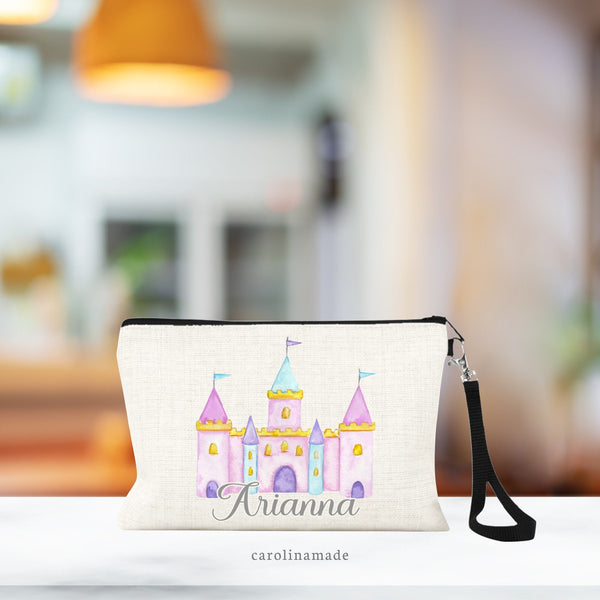 Princess Castle Personalized Bag, Princess Cosmetic Bag, Personalized Linen Wristlet, Gift for Girls, Art Supplies Gift, Girls Travel Bag