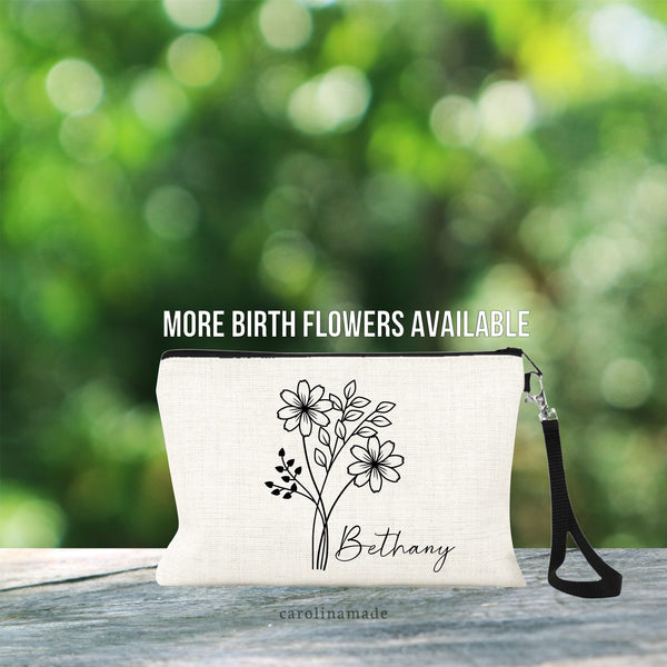 Personalized Birth Month Flower Makeup Bag, Floral Cosmetic Bag, Custom Name Birth Flower Zipper Pouch, Money Wristlet, Gift for Her, Sister