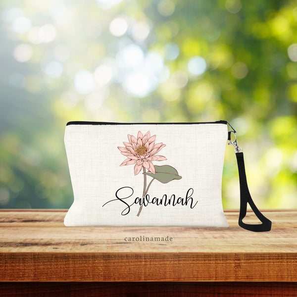 Personalized Birth Month Flower Makeup Bag, Floral Cosmetic Bag, Custom Name Birth Flower Zipper Pouch, Money Wristlet, Gift for Her, Sister