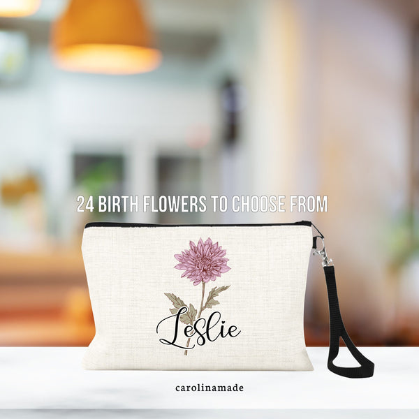Birth Month Flower Makeup Bag, Personalized Floral Cosmetic Bag, Custom Name Birth Flower Zipper Pouch, Money Wristlet, Gift for Her, Sister
