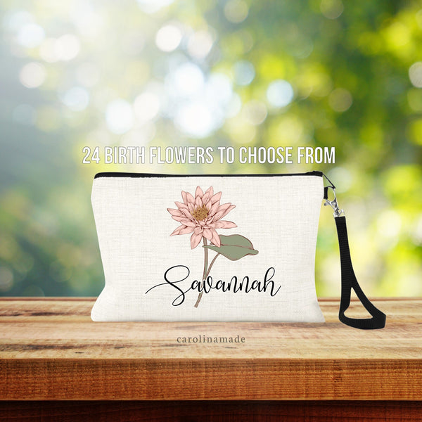 Birth Month Flower Makeup Bag, Personalized Floral Cosmetic Bag, Custom Name Birth Flower Zipper Pouch, Money Wristlet, Gift for Her, Sister