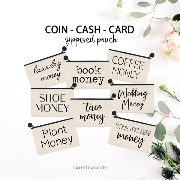 Money Coin Purse Zippered Pouch Bag, Card Cash Money Holder, Laundry Money, Book Money, Coffee Money, Shoe money, Plant Money, Taco Money