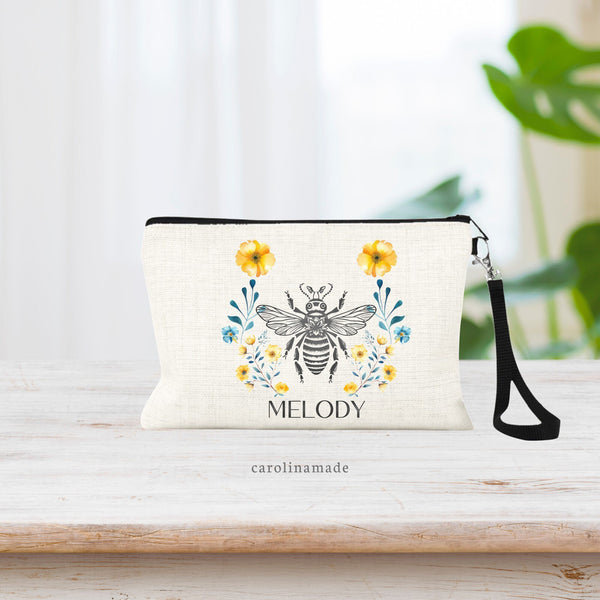 Personalized Bee Cosmetic Bag, Honey Bee Makeup Bag, Beekeeper Gift, Queen Bee Zipper Pouch, Save the Bees, Bee Bag, Gift for Her, Bee Gift