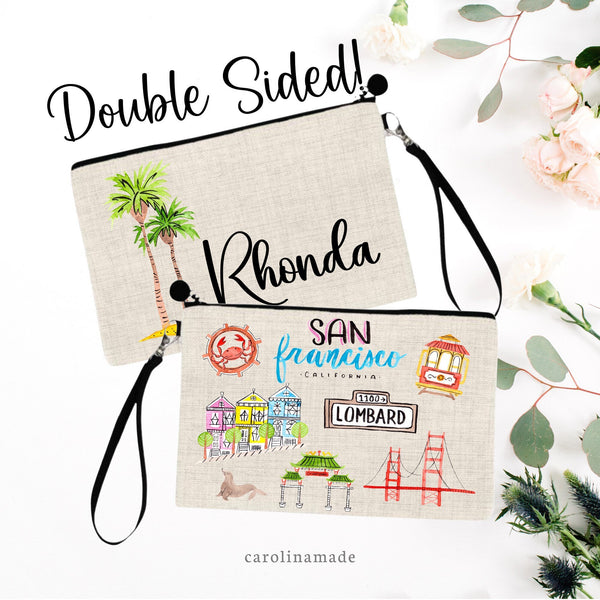 Watercolor San Francisco Bag. This wristlet is double sided. One side has colorful San Fran clipart that represents San Francisco. The other side has double palm tree and your name! Perfect for your next vacation or girls trip to San Francisco