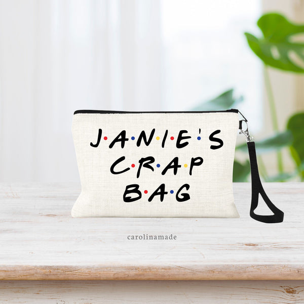 This bag features the person's name with the words crap bag under it all written in the FRIENDS tv show font and has the dots between the letters. Perfect for Friends Fans!