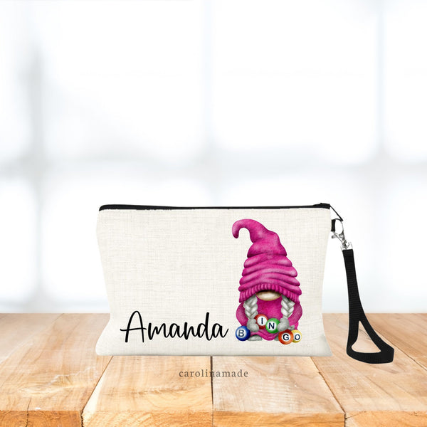 This bag features a girl gnome with the letters BINGO. Personalized with your name
