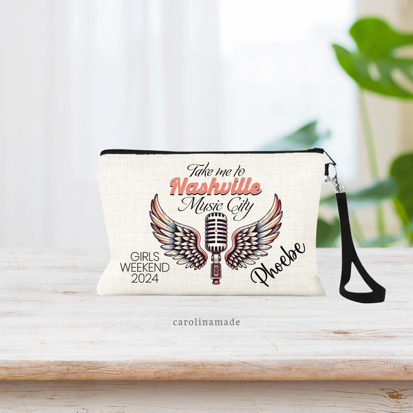 Personalized Girls Trip Bag, Nashville Tn Vacation, Nashville Girls Trip, Girls Weekend, Travel Makeup Bag, Zippered Money Wristlet