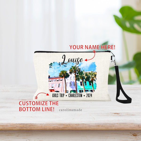Personalized Charleston Girls Trip Bag, Charleston Girls Trip Gift, Charleston Vacation, Girls Weekend, Travel Makeup Bag, Zippered Wristlet