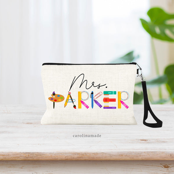 Personalized Teacher Name Zipper Pouch, Teacher Cosmetic Bag, Teacher Appreciation Week Gift, Teaching Gifts,  End of School Gift