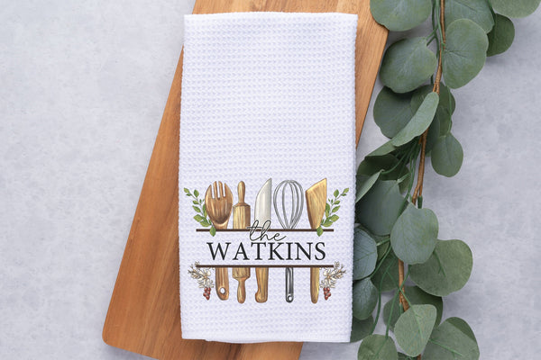 Natural White waffle weave towel with kitchen utensils on the design. Personalized with your name. Wooden spoon, wooden rolling pin, knife, whisk, etc.