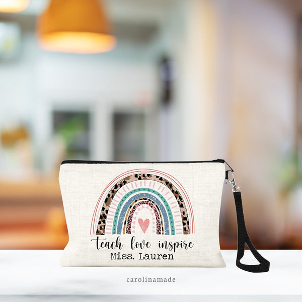 teach love inspire rainbow design personalized with teacher's name. Makes a wonderful teacher appreciation gift!