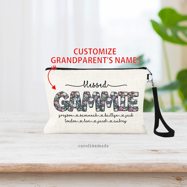 Blessed Gammie personalized with grandkids names. Font for Grandma's name is navy with flowers. Personalize the name to what your kid's call their Grandma.  Nana, Mimi, Gigi, Granny, and more! Perfect Mother's Day gift!