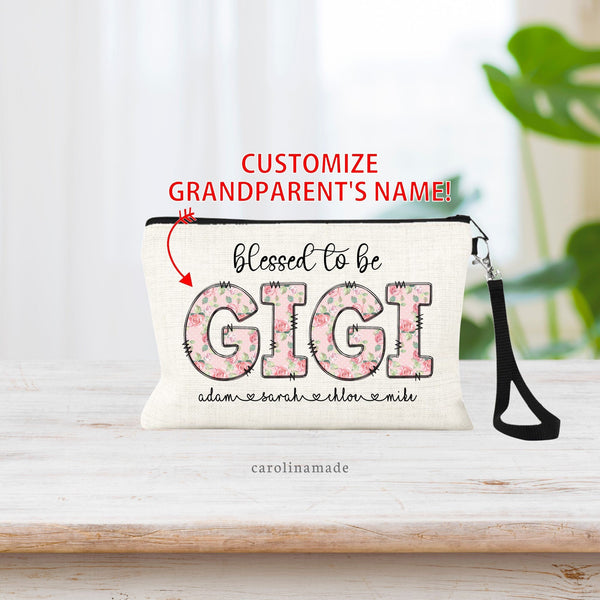 Personalized Grandparents Bag. Pink flora letters for grandma's name. Customize the name to what your kids call grandma! Gigi, Nana, Grammy, etc."Blessed to be Gigi" with grandchildren's names underneath.