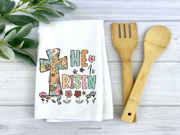 He is Risen Floral Retro Design on a while waffle weave towel. Perfect for kitchen or bathroom hand towel.
