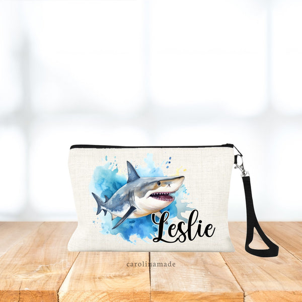 Watercolor Shark and water design personalized with with name. Perfect wristlet purse, make up bag for Shark Lover