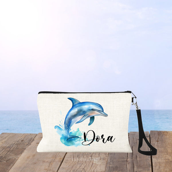 Watercolor Dolphin Makeup Bag, Personalized with Name. Beautiful bag for dolphin lover!