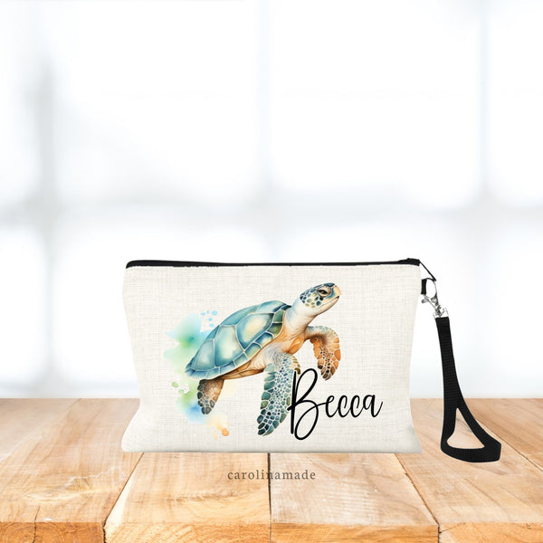 Beautiful Watercolor Sea Turtle Makeup Bag with Wristlet. Personalized with name