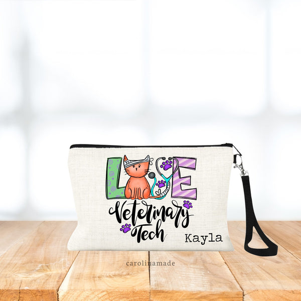 Veterinary Tech Cat Bag, Personalized Vet Tech Makeup Bag Wristlet, Cosmetic Bag, Veterinary Accessory, Vet Appreciation Week, Vet Gifts