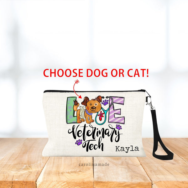 Linen wristlet purse or makeup bag with the words veterinary tech on it. Above that says LOVE with a dog and a stethoscope in the word.  Personalize with a name on the bottom corner.