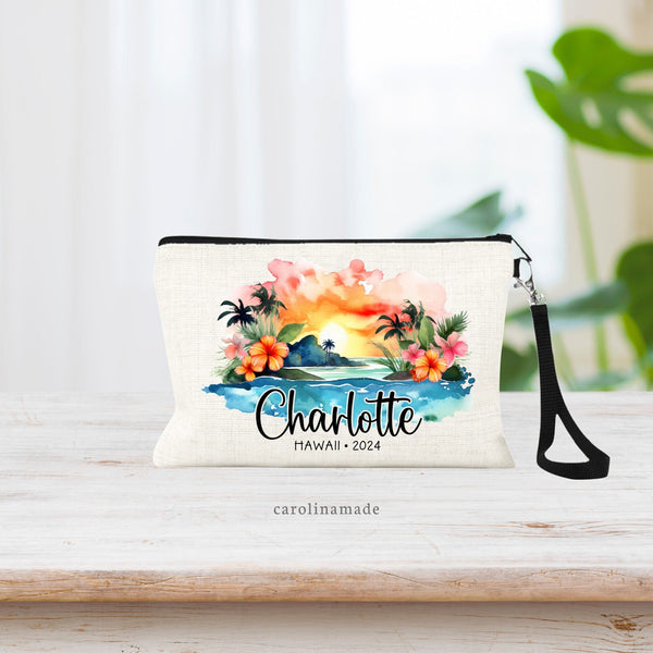 Beautiful Watercolor Hawaii scene with palm trees, sunset, water, flowers. Personalized with name. And Hawaii & year at the bottom.