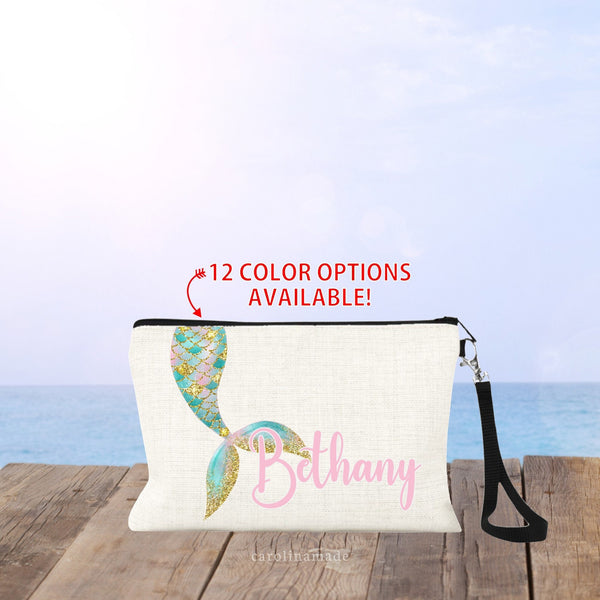 Linen bag with colorful mermaid scales and tail personalized with your name. Great gift for Girls! And Easter Baskets!