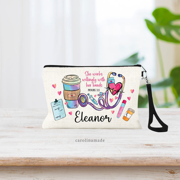 She works willingly with her hands Proverbs 31:13 - This personalized bag is good for a nurse or doctor! Design feature elements such as clipboard, stethoscope, blood vial, prescription bottle, needle, pills and coffee.