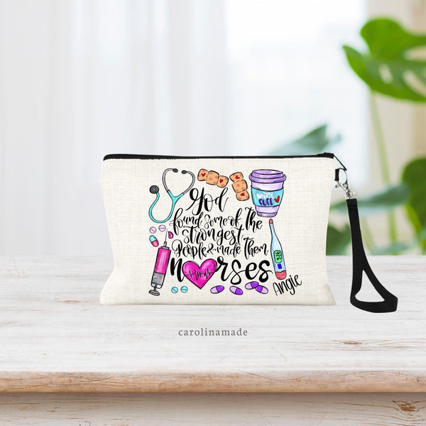 God made some of the strongest people & made them nurses. Christian quote surrounded by nurse icons - stethoscope, thermometer, shot, pulls, bandaids. Personalized with your name on the bottom.