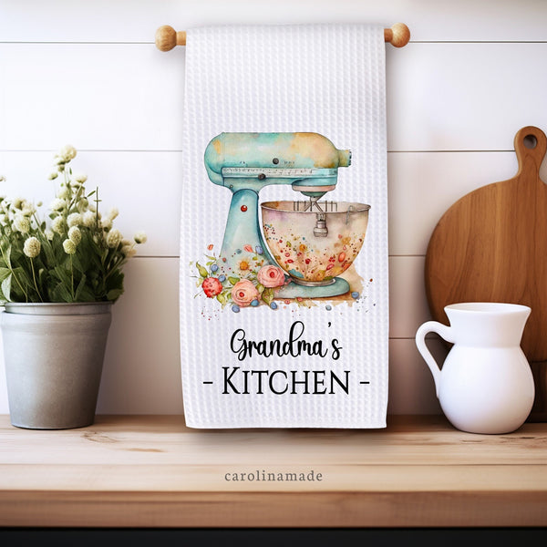Natural White waffle weave towel with Blue messy kitchen mixer design. Personalized under design with person's name and kitchen. Example: Grandma's Kitchen - Perfect gift for baker!
