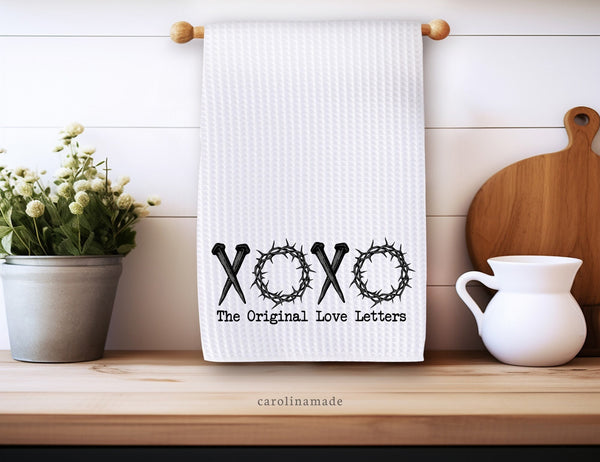 XOXO The Original Love Letters - Nails and crown of thorns. Design is printed on white waffle weave hand towel. Perfect Christian design for Valentine's Day or Easter or just any time to show the Love of Jesus!
