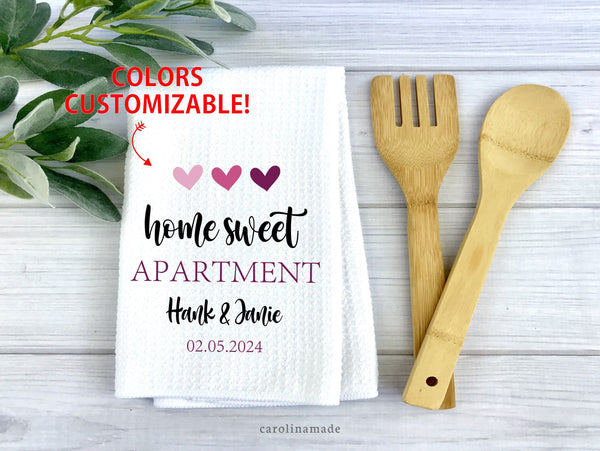 Home sweet apartment personalized couple name towel with established date at the bottom. Personalized your colors. This white waffle weave towel makes a great housewarming gift!
